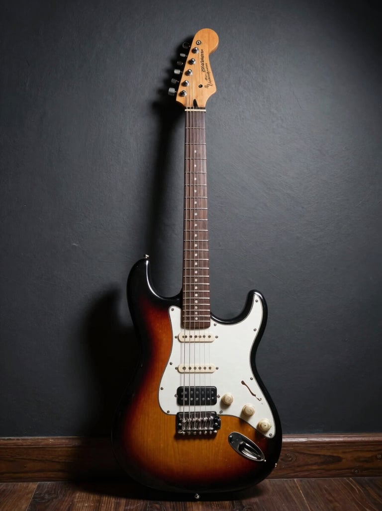 An elegant electric guitar resting against a dark grey wall, illuminated by a single soft white spotlight. High contrast, cinematic photography in a South American / Colombian creative space.