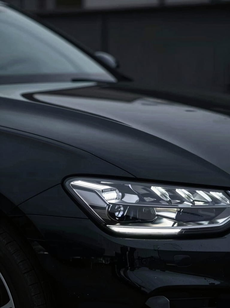 A high-gloss black car panel with a perfect reflection of a specialized LED light used by 'varilleros', showing zero imperfections. Dark, professional mood.