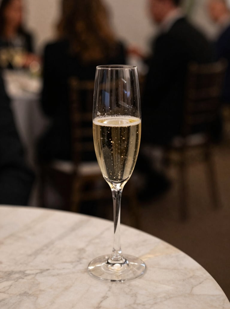 An aesthetic shot of a glass of champagne on a marble table at a luxury event, soft focus background, midnight black and pale beige tones, North American / European gala setting.