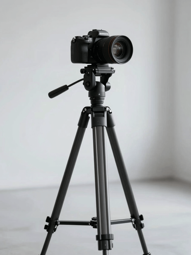 A sleek professional camera tripod standing in a brightly lit empty studio. Minimalist composition with a light gray and white color scheme. International / Professional.