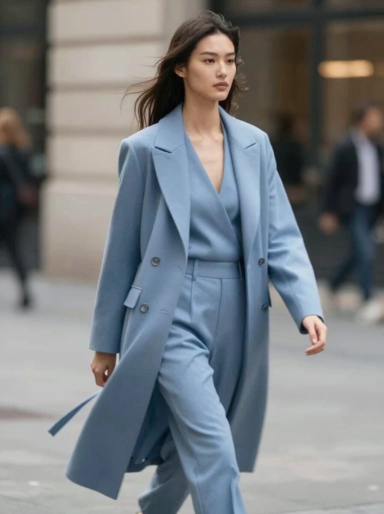 A fashion model walking during a high-end photography session, movement blur, professional lighting, urban chic style, incorporating #74A8AE into the clothing.