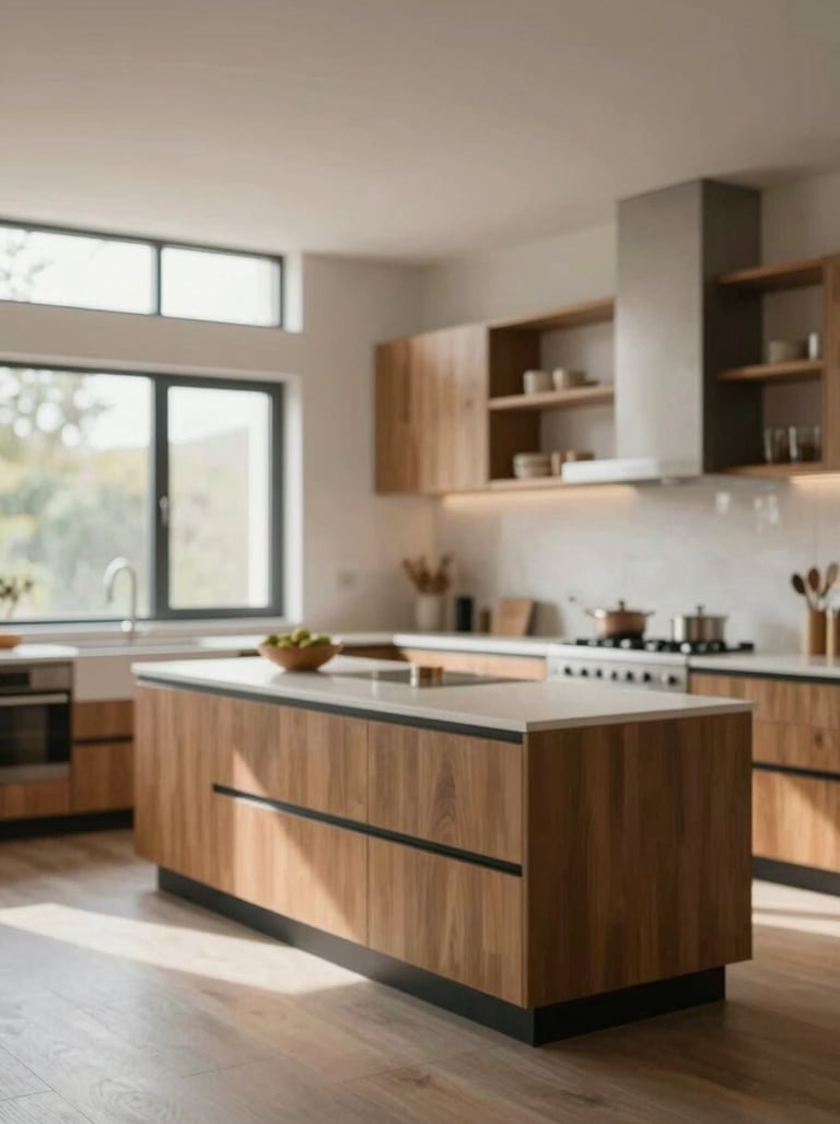 A wide shot of a modern, open-plan kitchen with warm wood accents and light streaming through large windows, evoking a sense of calm and home.