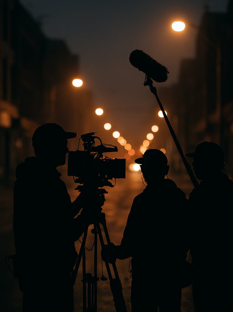 A silhouette of a cinematic crew filming a scene in an urban North American / International setting, glowing streetlights in the background, professional high-contrast photography.