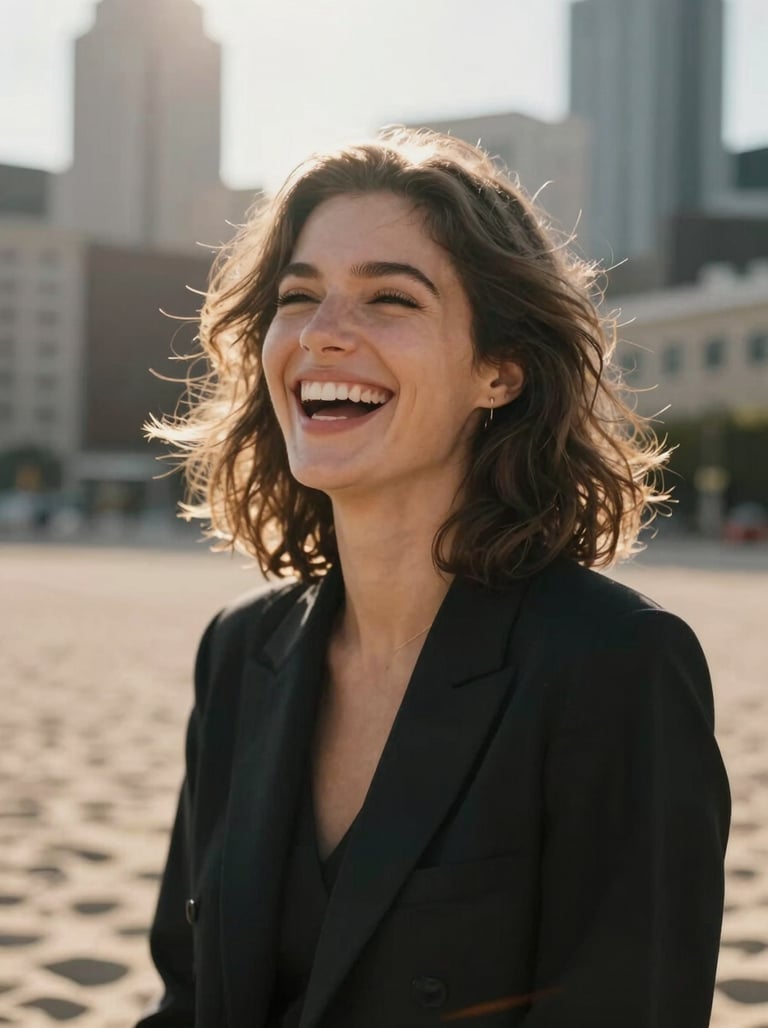 Vertical portrait of a woman laughing in a North American urban setting, warm sun flares hitting the camera lens. Soft sand and charcoal colors in the background architecture.