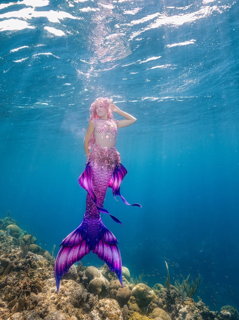 Mermaid Pixi free dives as a mermaid in Roatan Honduras