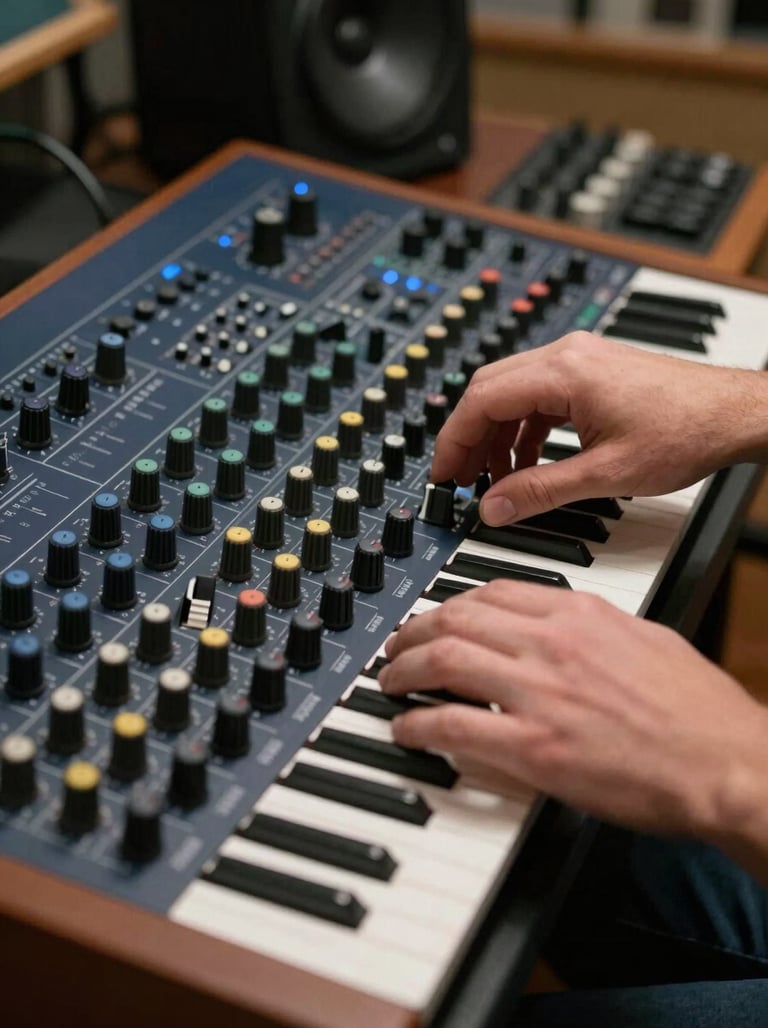 A focused sound engineer's hands adjusting knobs on an analog synthesizer. The composition is artistic and clean, emphasizing technical mastery. The palette is dominated by dark navy and blue-grey. Southern European / Spanish recording studio.