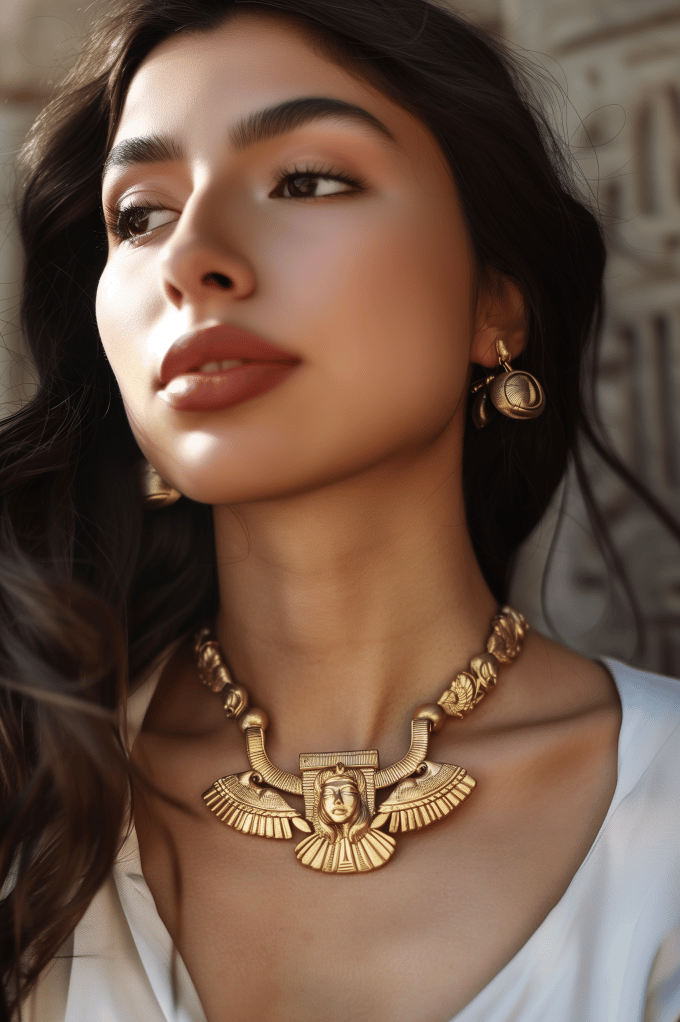 Egyptian Revival Necklace. Washed Gold  StatementJewelry