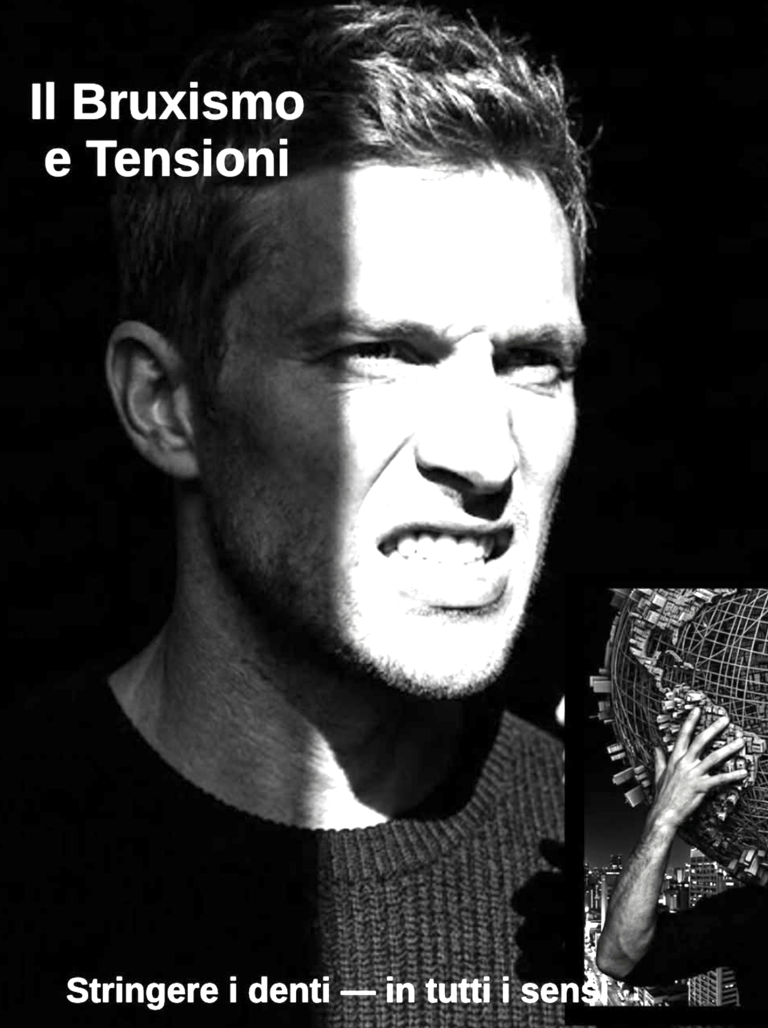 Black and white photo of a man clenching his teeth to illustrate bruxism and jaw tension.