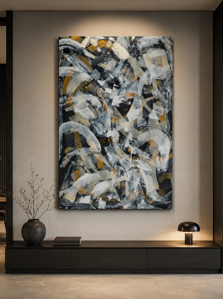 Large abstract wall art in black and gold hanging above a modern console table in a luxury living room.