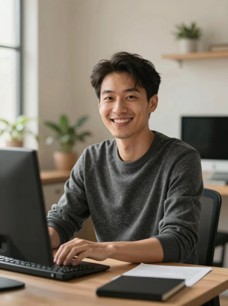 Cinematic portrait of a smiling software developer in a sun-drenched home office. The atmosphere is professional yet warm and friendly, with Charcoal (#3A3B3C) and Soft Sand (#F7F4E9) in the background.