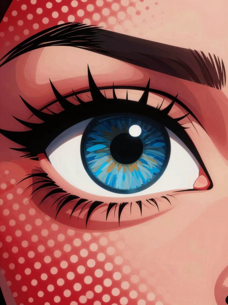 Stylized eye in a comic book frame, heavy black #1A1A1A lashes, blue #0050B3 iris, red #D4202B background with white #FDFDF5 dots, dramatic expression, pop art style.