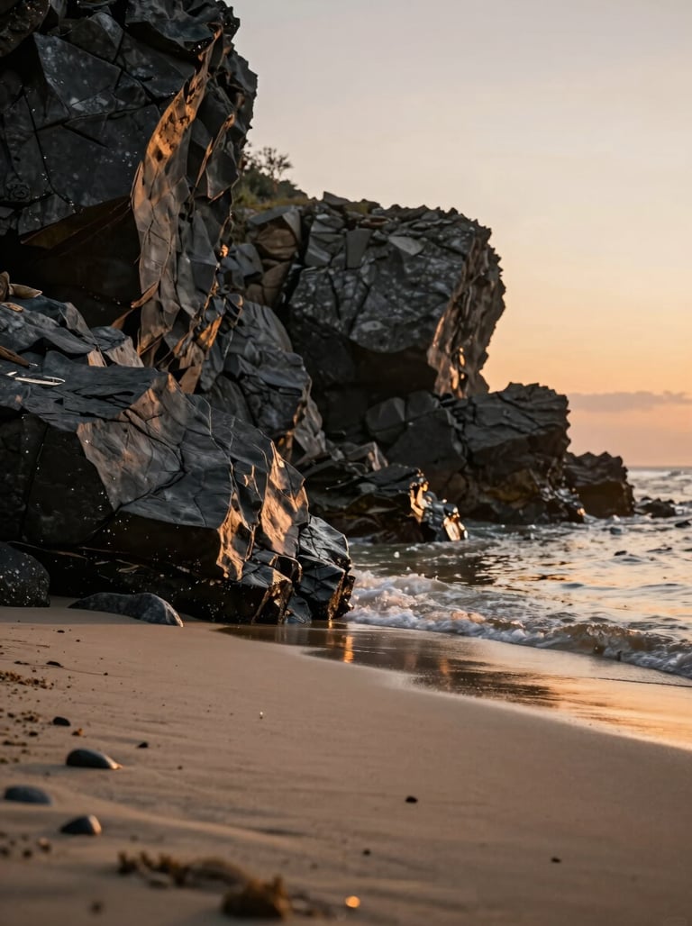 Low angle cinematic shot of jagged deep charcoal grey rocks against a soft sand beach at golden hour, warm orange light reflecting off the water's edge.