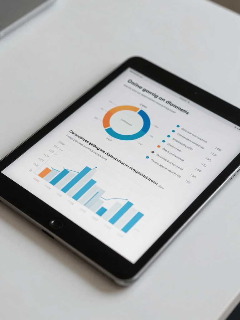 A beautifully framed overhead photograph of a sleek tablet resting on a white minimalist desk, displaying academic research charts about online grooming and digital threats. Professional and highly organized aesthetic.