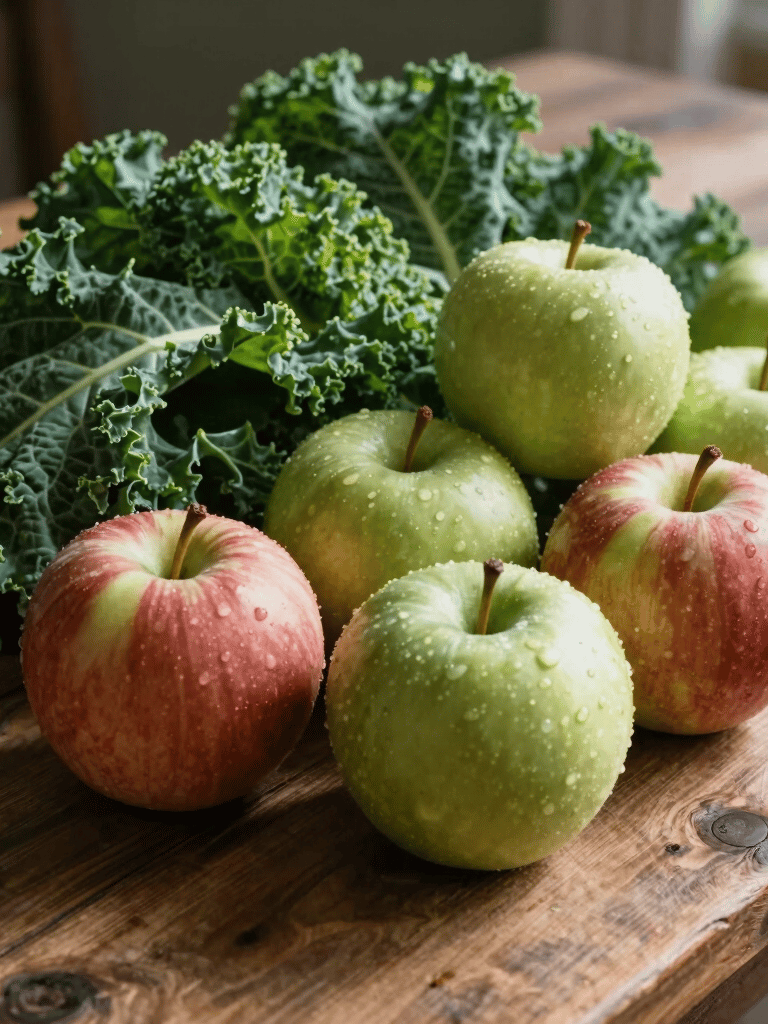 A rustic wooden table piled high with fresh Michigan apples and leafy green kale, soft morning sunlight casting gentle shadows.