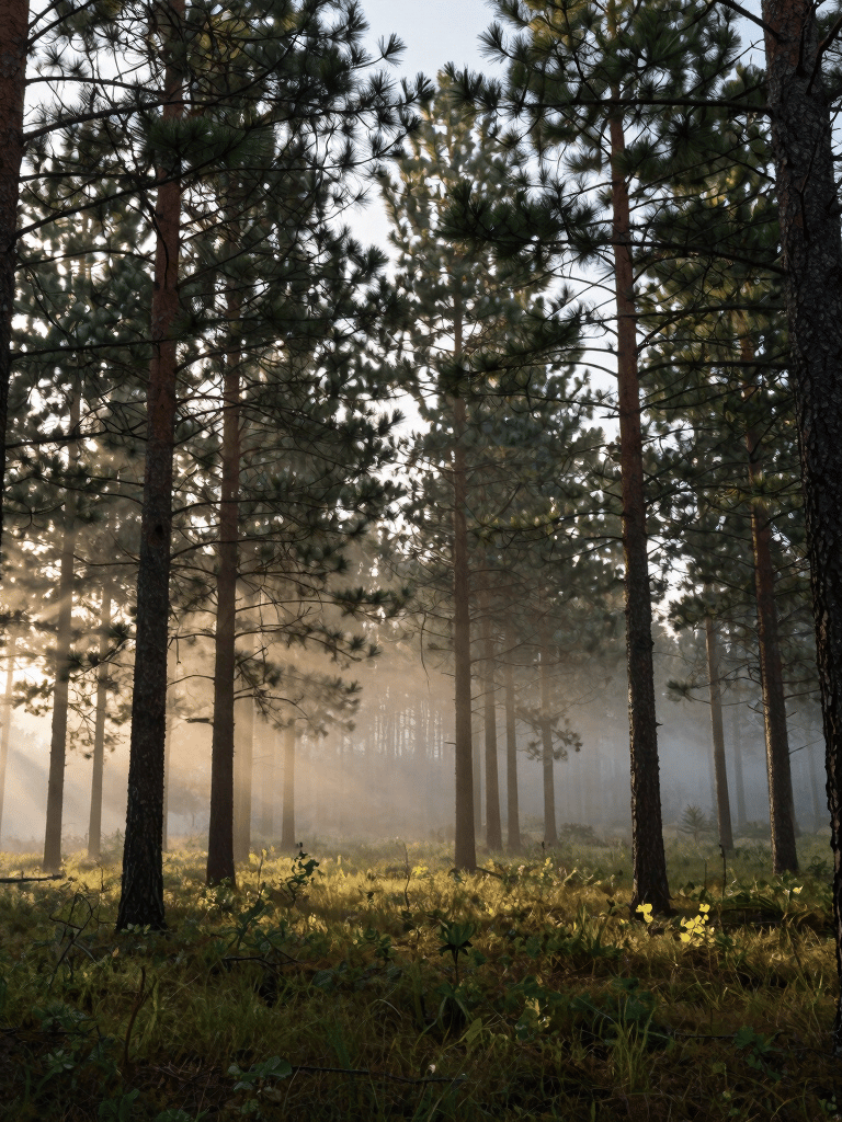 A wide landscape of a North American pine forest at dawn, soft morning mist between the dark green trunks, sunlight filtering through the needles in cinematic rays.