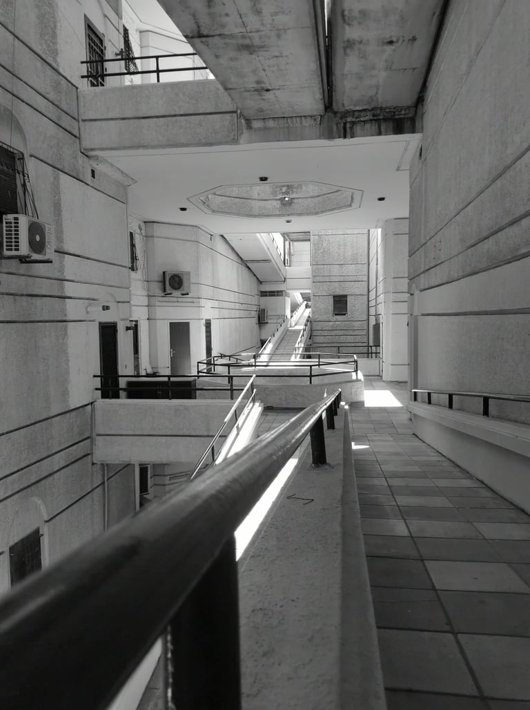Black and white brutalist architecture featuring concrete walkways and communal building design.