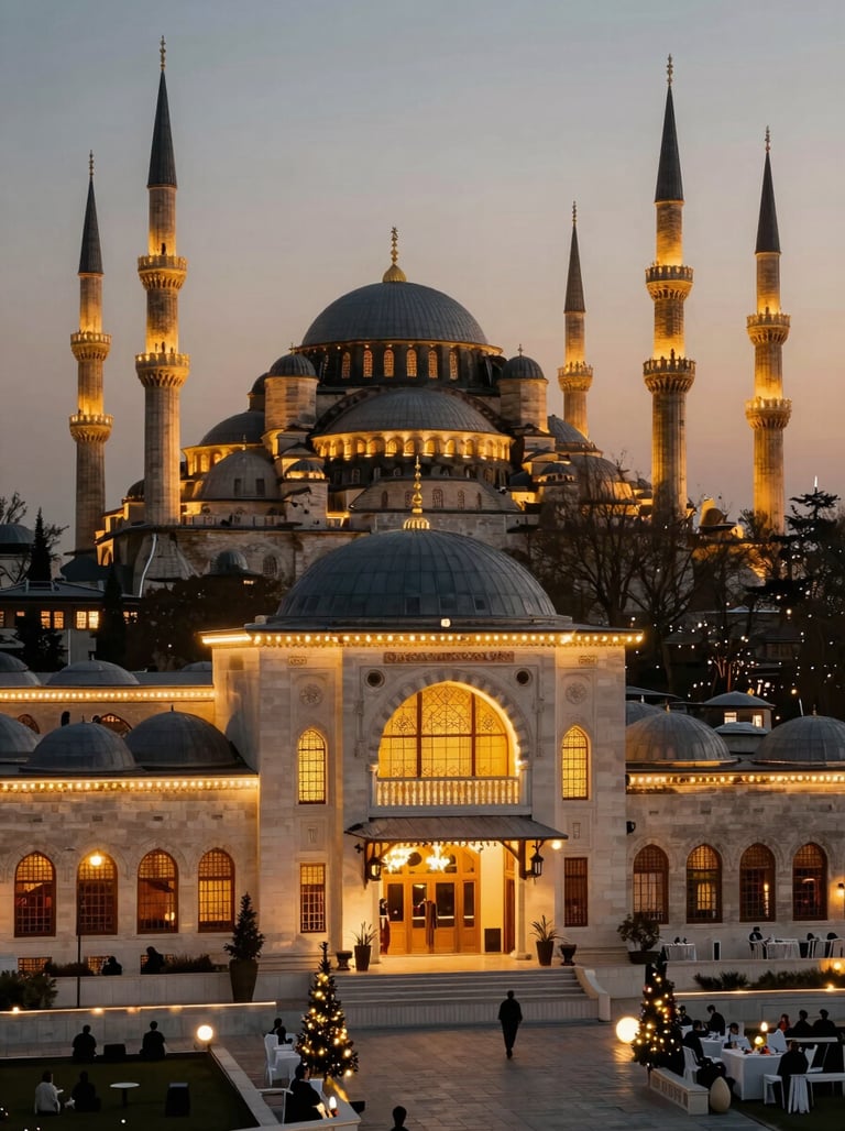 A wide-angle landscape shot of a Turkish / Istanbul wedding venue at dusk. Warm golden lights illuminating off-white architecture, shot in a luxurious, cinematic photography style.