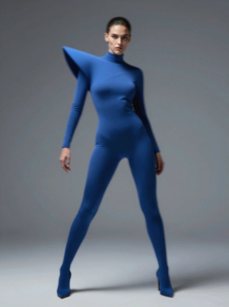 High-fashion model in a dynamic pose, wearing avant-garde clothing in #3D5A80, standing in a void with #1A202C background, tech-art fusion style.