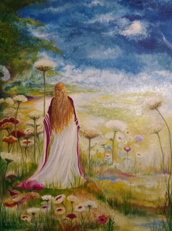 Personnage contemplant de gigantesques fleurs, symbolisant sagesse, humilité et harmonie avec la nat