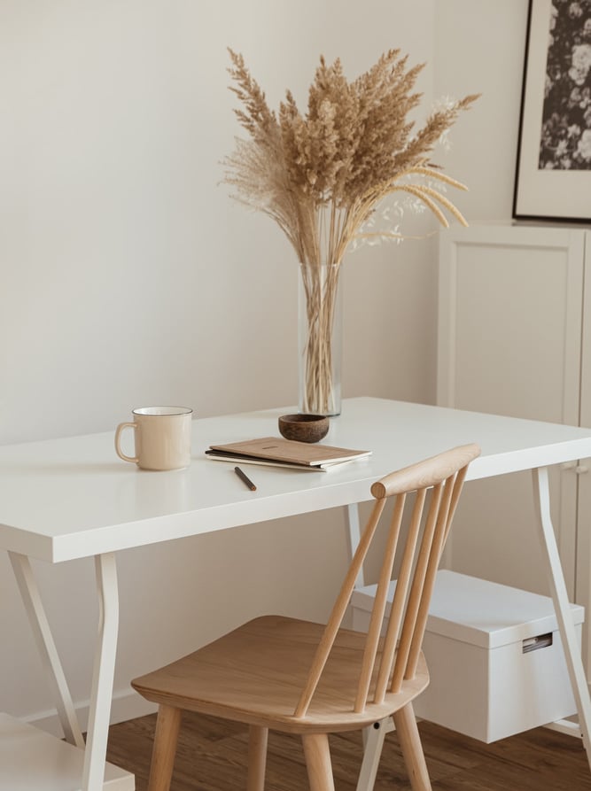 Photo of work desk, with vase of pampas grass and mug, notebooks and chair in neutral tones