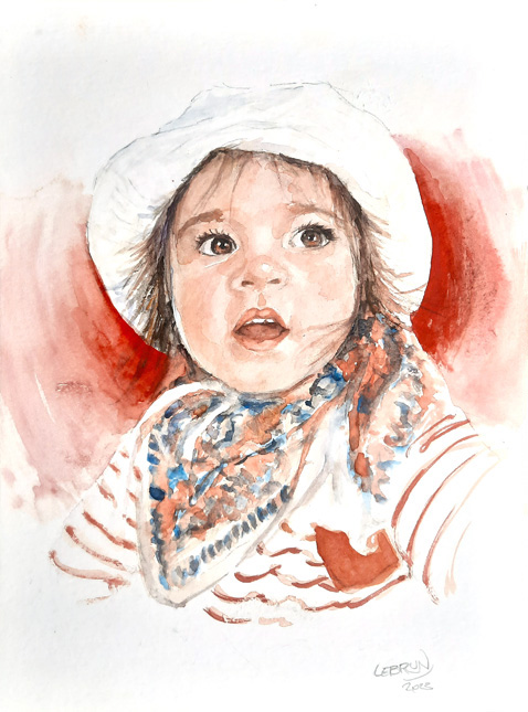 Portrait à l'aquarelle d'une petite fille portant un chapeau de soleil blanc et une écharpe à motif.