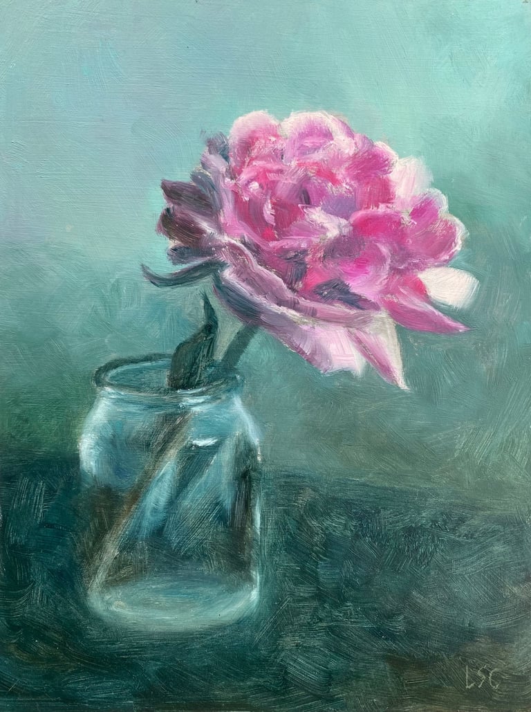 An original oil painting of a single pink garden rose in a small glass jar