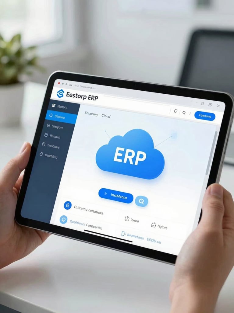 Shows hands holding a computer tablet looking at a cloud ERP screen in an office