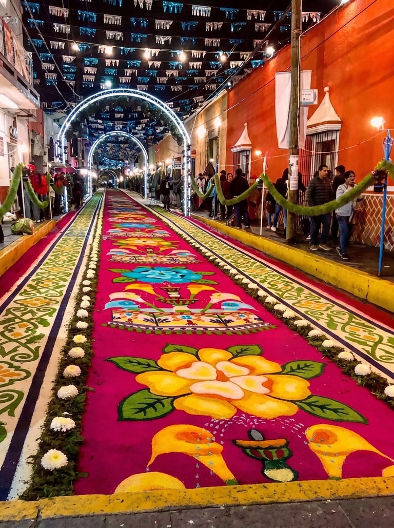 Noche que nadie duerme en Huamantla Tlaxcala tapetes de aserrin y flores