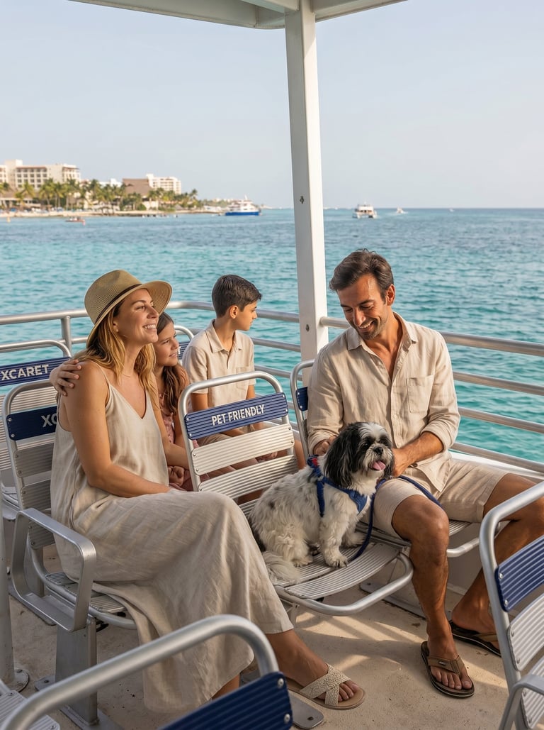 familia con perro en ferry xcaret xailing ferry isla mujeres ferry cozumel petfriendly
