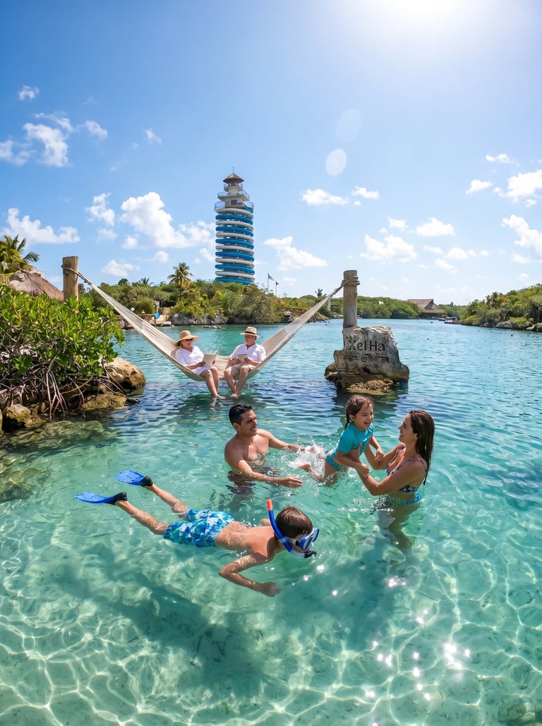 abuelos, padres e hijos en parque xel ha xcaret