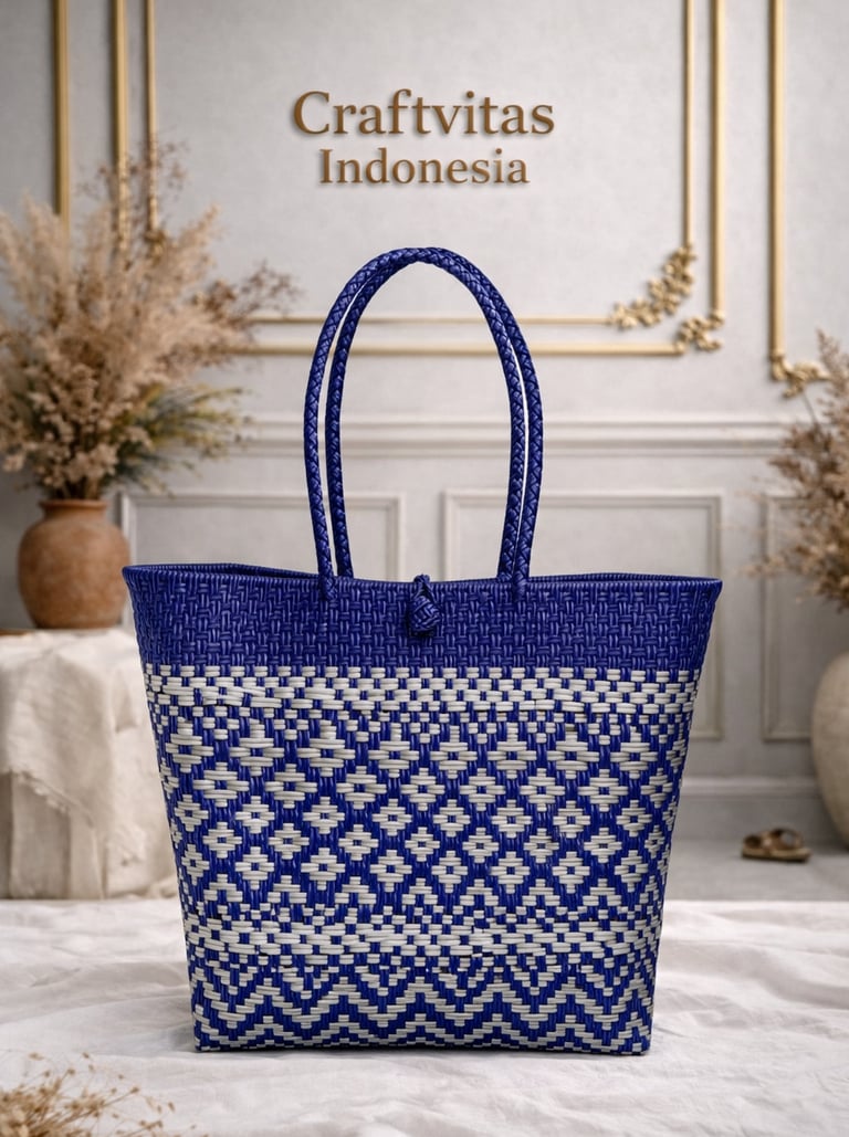 Tas anyaman plastik handmade warna biru dan putih motif geometris klasik dari Craftvitas Indonesia