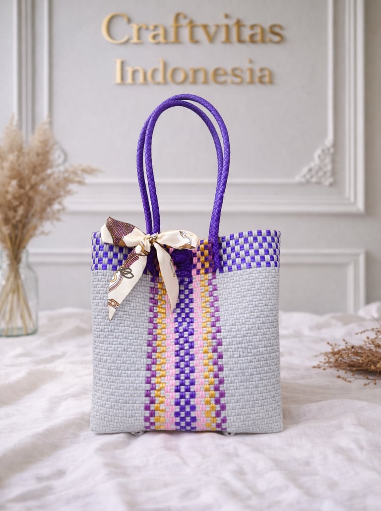 Tas anyaman plastik motif batik abu ungu kuning handmade Craftvitas Indonesia