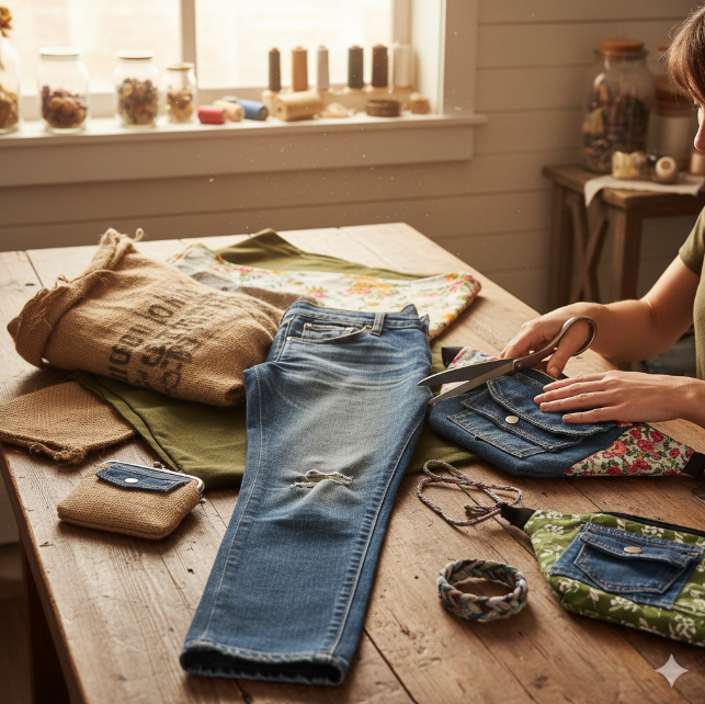 un jean, du tissu, des sacs banane sur une table, la couturiere va découper le tissu