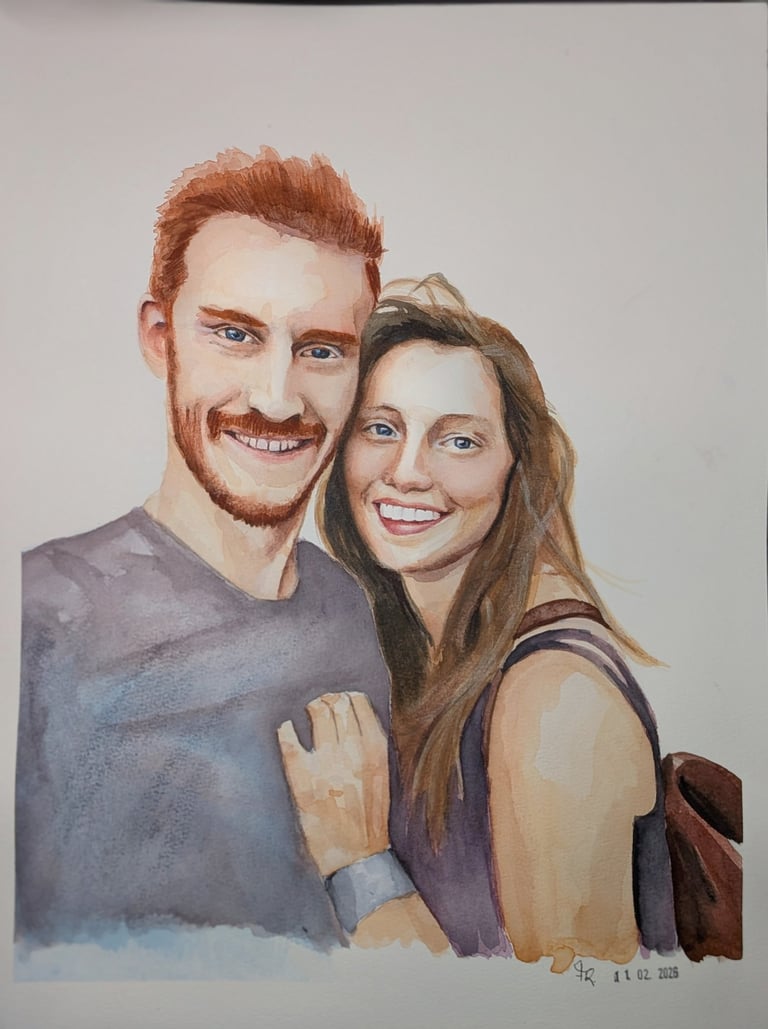 Young couple smiling in watercolor