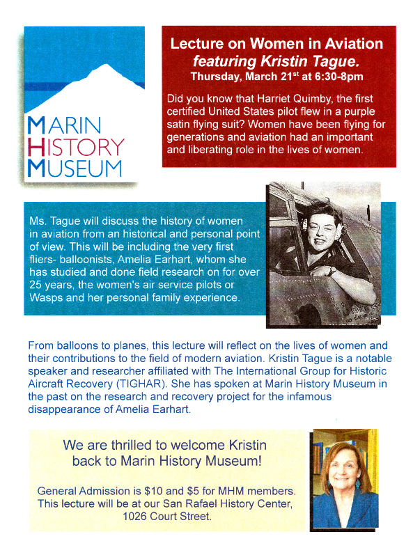 Marin History poster - Lecture on Women in Aviation. 