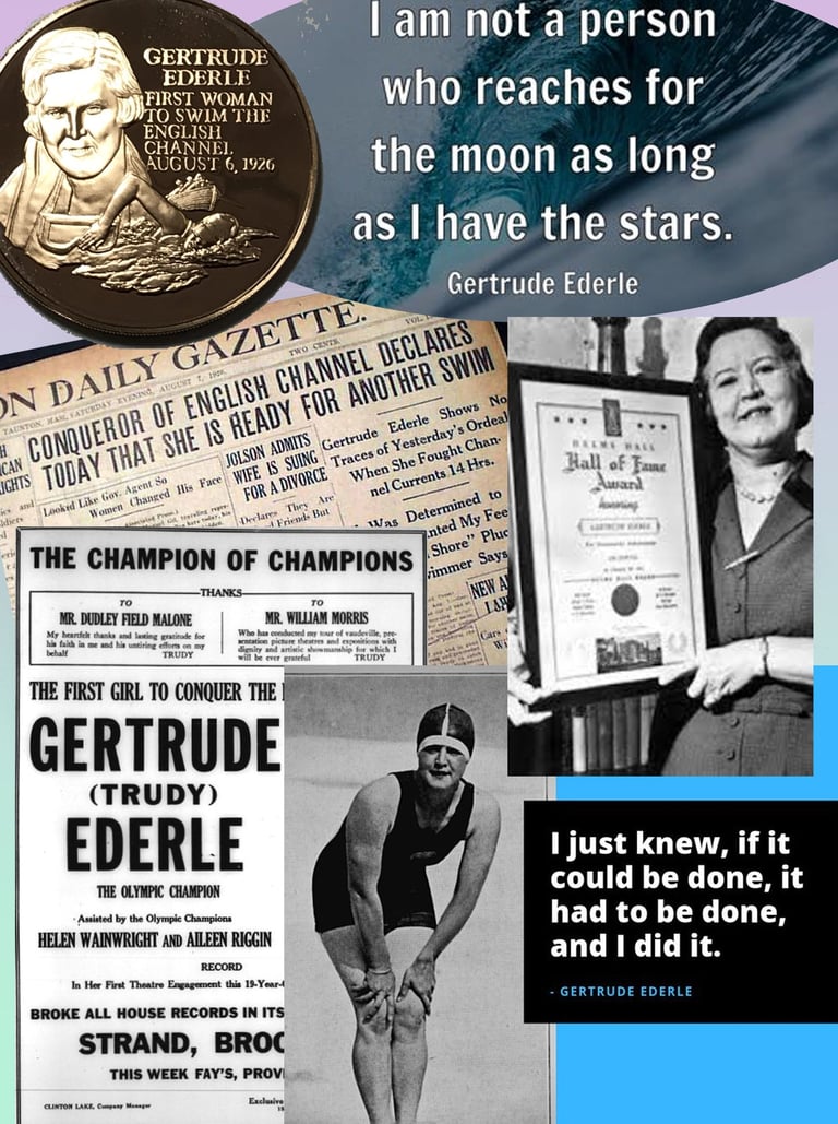 Collage featuring Gertrude Ederle Olympic Swimmer
