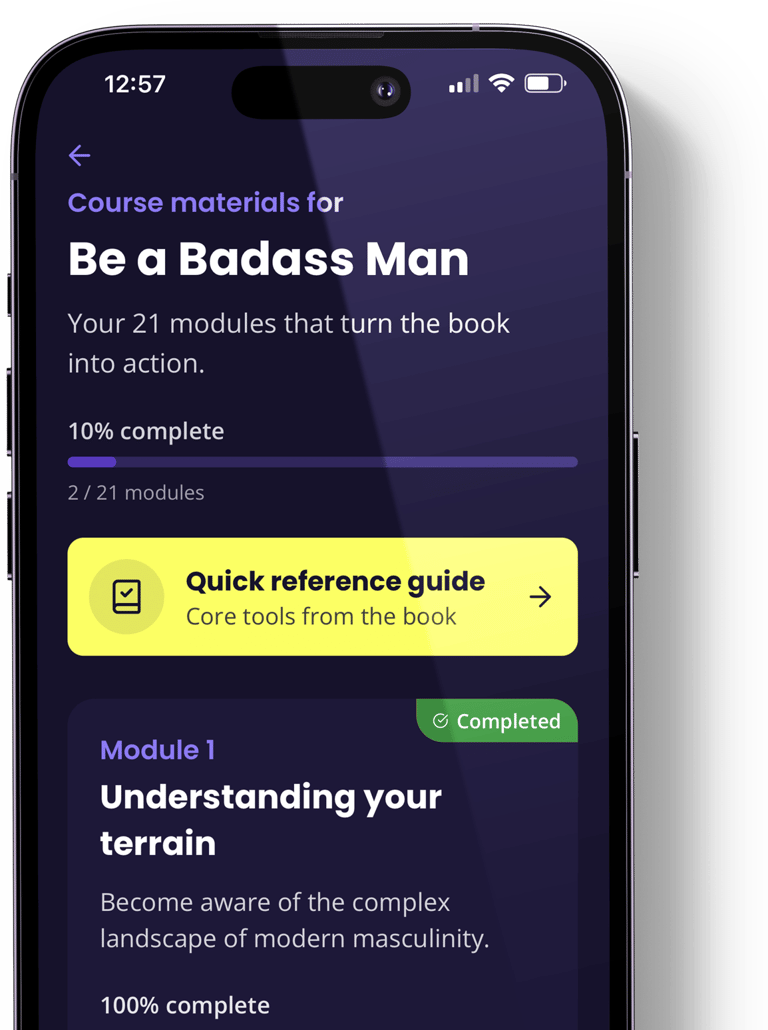 Badass Man Action App quick reference guide screen with learning modules