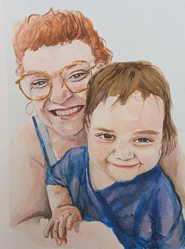 mama en baby lachen breed, knuffelen op het schilderij. Uitgewerkt in aquarel door Studio FloraRoos