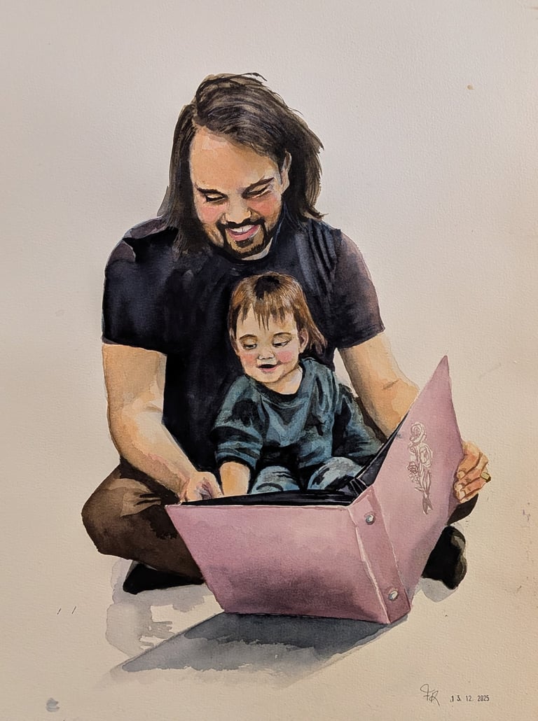 Papa en baby zitten samen een boek te lezen en lachen, waterverf portret als geschenk.