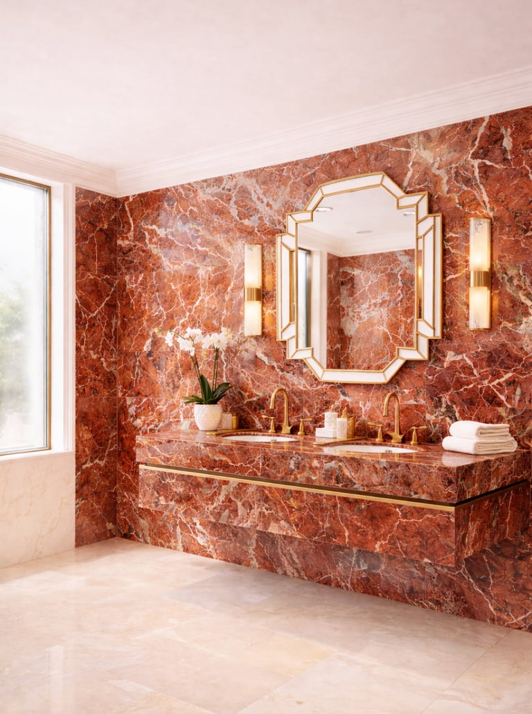 Baño de mármol rojo estilo Art Déco moderno elegante y luminoso