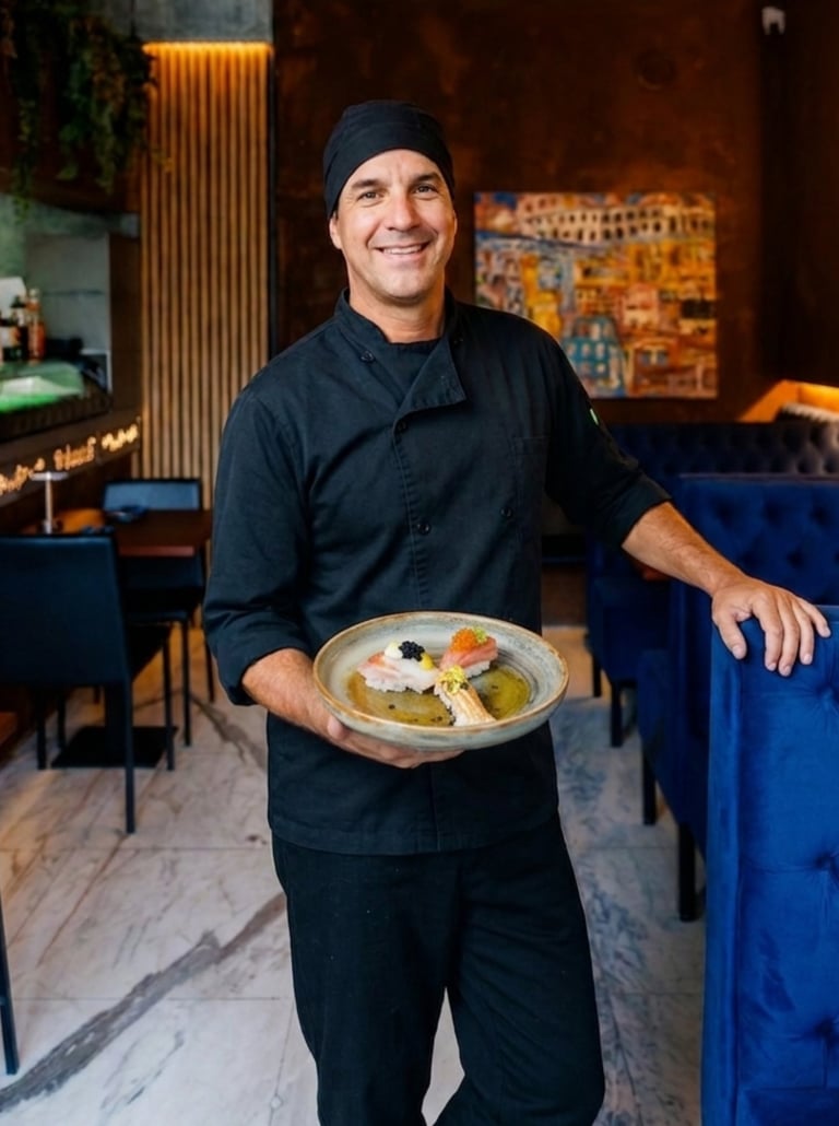 Chef Jairo Cavalcante sorri, segurando um prato de sushi autoral no interior do restaurante Okone Sushi Nikkei Porto