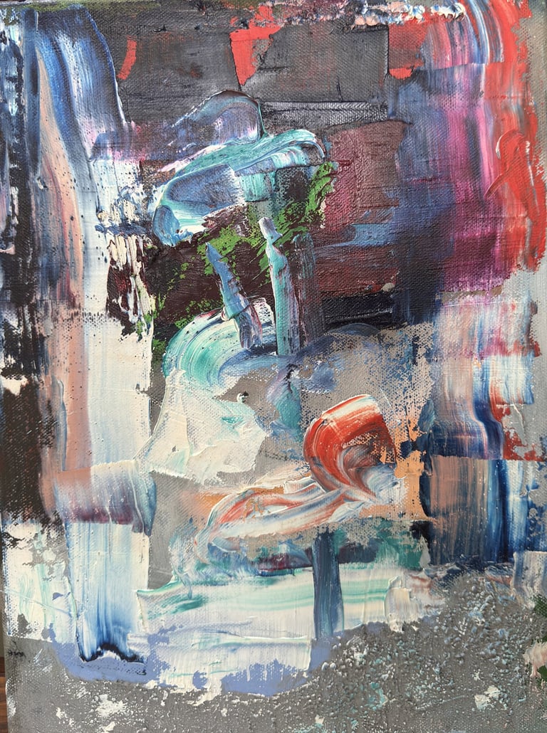 Abstract oil painting with thick textures of blue, red, and white palette knife strokes on canvas.