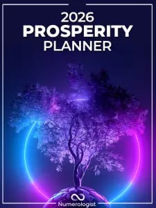 "2026 Prosperity Planner cover with a silhouetted tree in a glowing neon ring against a purple-blue cosmic sky; Numerologist"