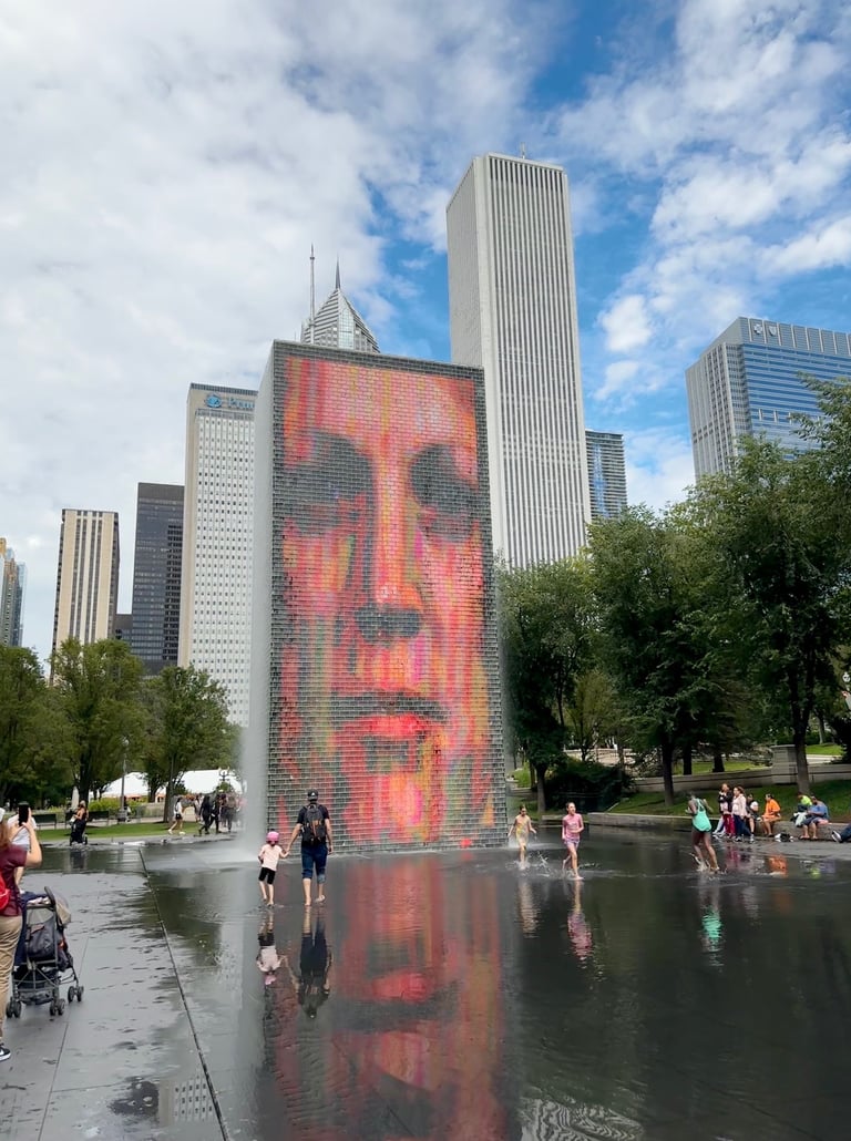 Crown fountain, a large rectangular screen with a persons face on it