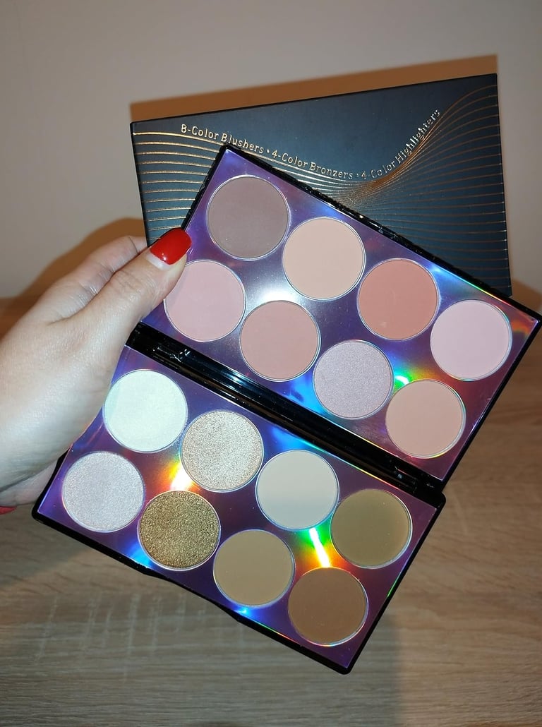 16-color contour palette with blush, highlighters, and bronzers, suitable for all skin tones 
