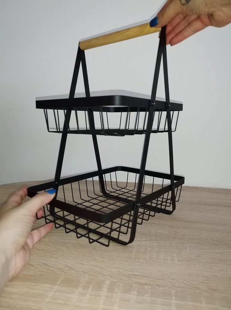 Black Mahueeol 2-tier countertop fruit basket with detachable metal baskets and wooden handle