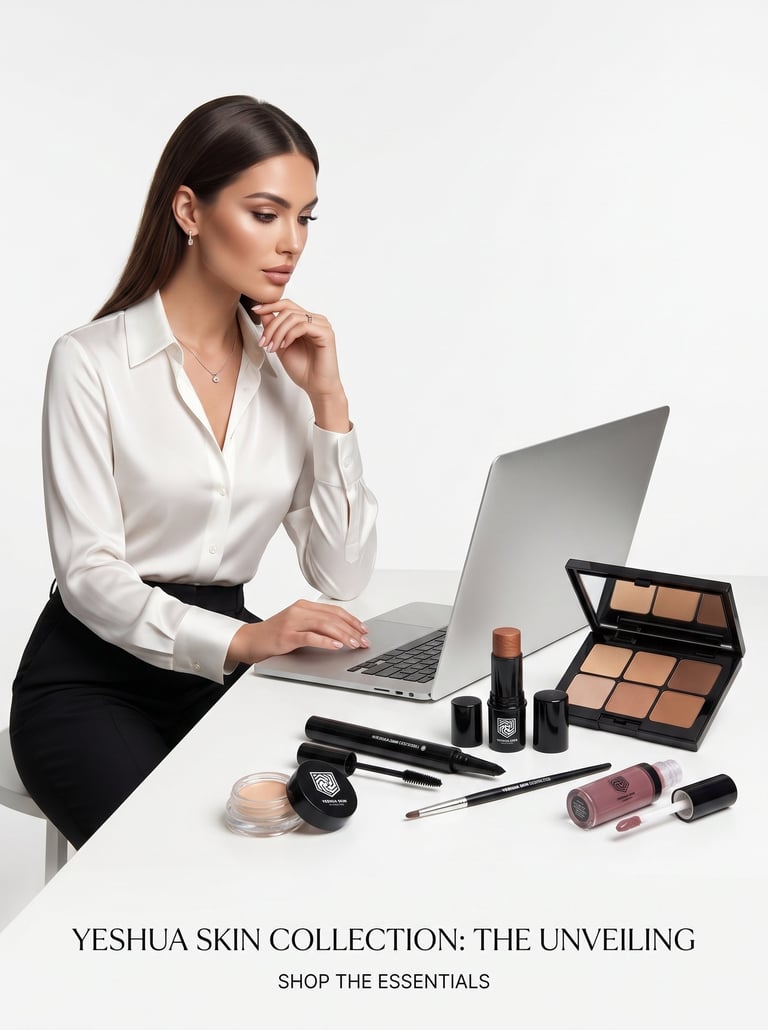 A professional woman using a laptop next to Yeshua Skin Collection makeup products including an eyeshadow palette and