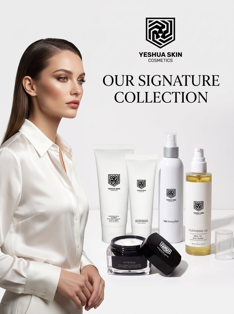 Yeshua Skin cosmetics signature collection featuring a woman and hydrating skincare products.