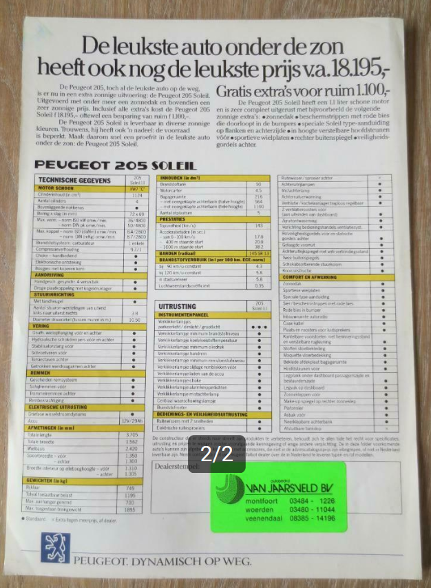 brochure et caracteristique de la peugeot 205 soleil