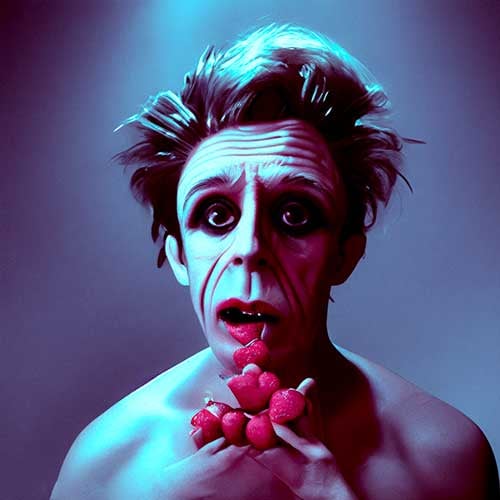 David Noir • autoportrait généré par ia. Un homme effaré aux traits prononcés tient des fraises.